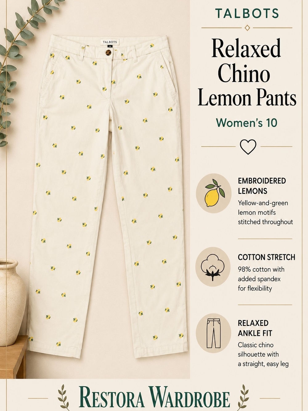 Talbots Relaxed Chino Lemon Embroidered Ankle Pants Size 10 Cream
